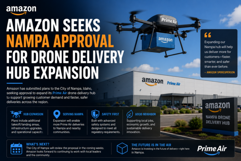 Amazon Prime Air drone delivery hub expansion graphic for Nampa Idaho