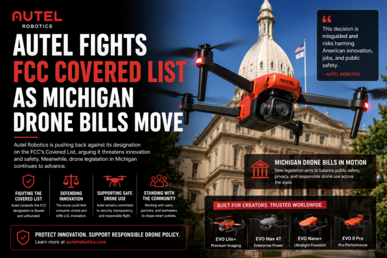Autel Robotics drone graphic about the FCC Covered List and Michigan drone bills