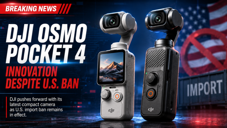 DJI Osmo Pocket 4 creator camera news graphic about innovation despite the U.S. import ban