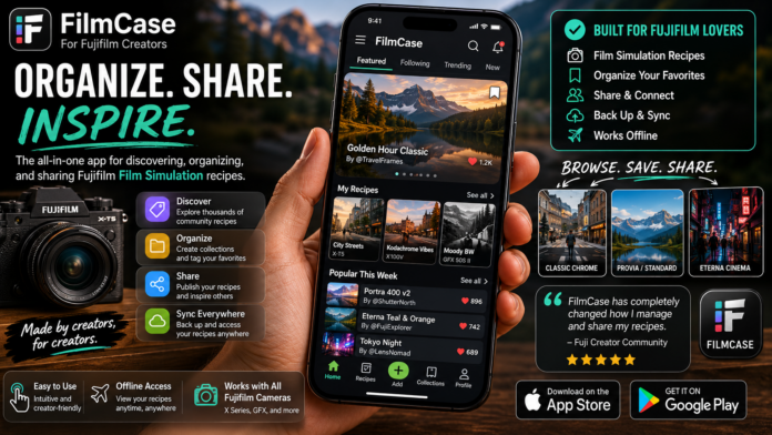 FilmCase app for Fujifilm creators organizing and sharing film simulation recipes