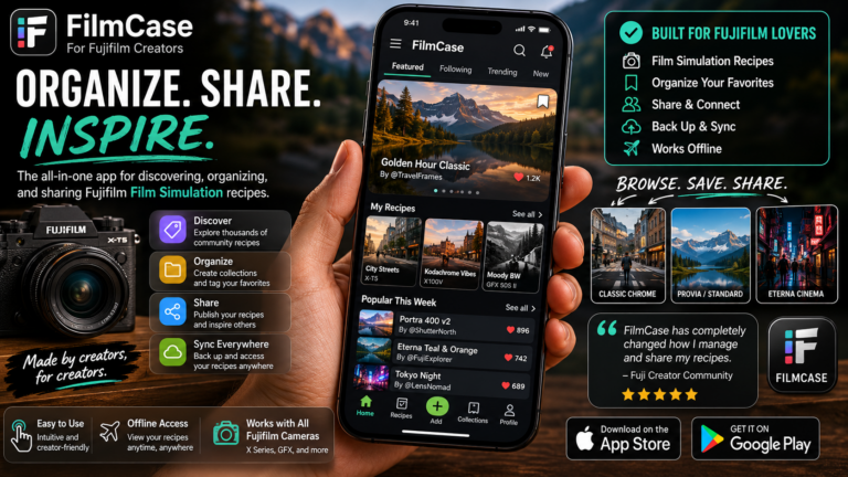 FilmCase app for Fujifilm creators organizing and sharing film simulation recipes