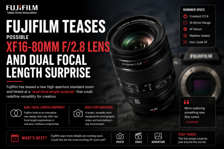 Fujifilm lens teaser graphic for a possible XF16-80mm F/2.8 lens and dual focal length surprise