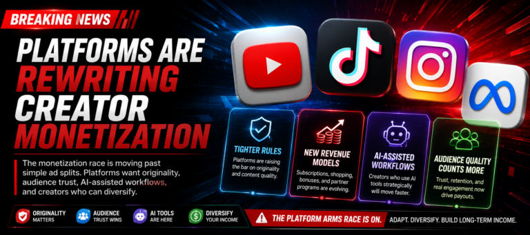 Platforms are rewriting creator monetization with originality, audience trust, AI workflows, and diversified income.