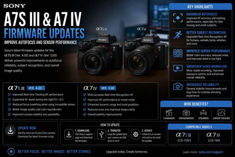 Sony A7S III and A7 IV firmware updates graphic for autofocus and camera performance improvements