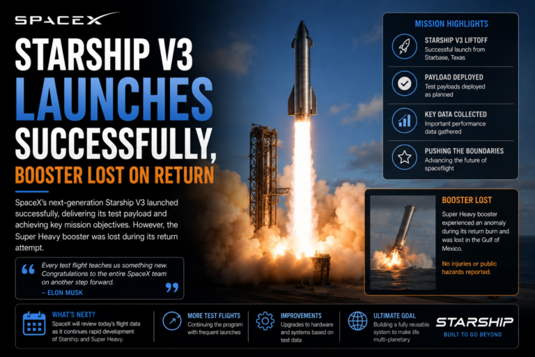 SpaceX Starship V3 launch graphic with booster lost on return mission details