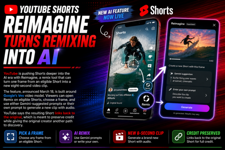 YouTube Shorts Reimagine turns remixing into AI, letting creators pick a frame and generate a new eight-second Short while preserving credit.