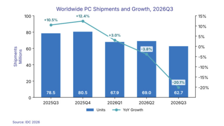 IDC Reports 20% Drop in Global PC Shipments for Q3 2026