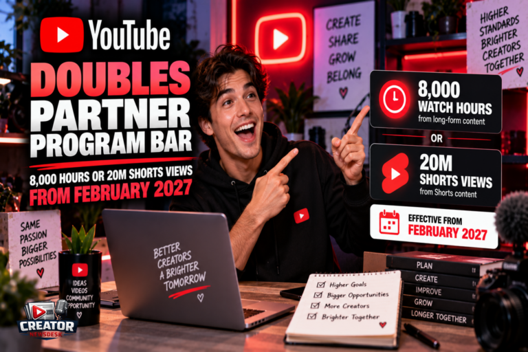 YouTube Doubles Partner Program Bar: 8,000 Hours or 20M Shorts Views From February 2027