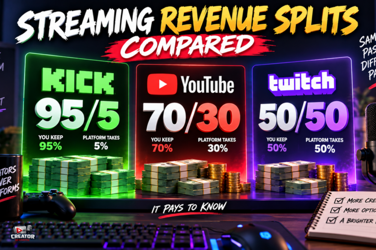 Streaming Revenue Splits Compared: Kick 95/5, YouTube 70/30, Twitch 50/50